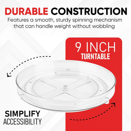 Clear Lazy Susan Organizer (Pack of 2) 9 Inch Turntable for Kitchen, Pantry, Fridge, Bathroom, and Vanity Countertops, Acrylic Rotating Organizer.