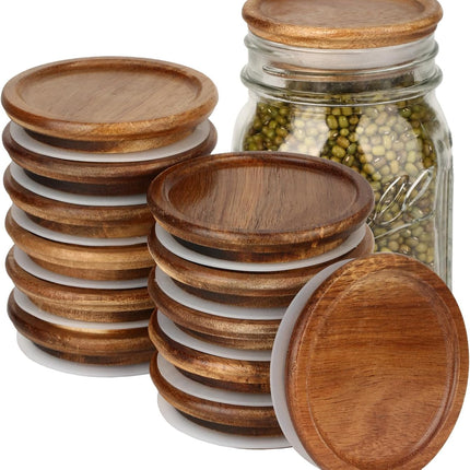 12 Pack Wide Mouth Mason Jar Lids, Reusable Canning Lids with Wooden and Silicone Seals - Perfect for Canning and Preserving in Mason Jars, Brown (12PCS Wide Lids).
