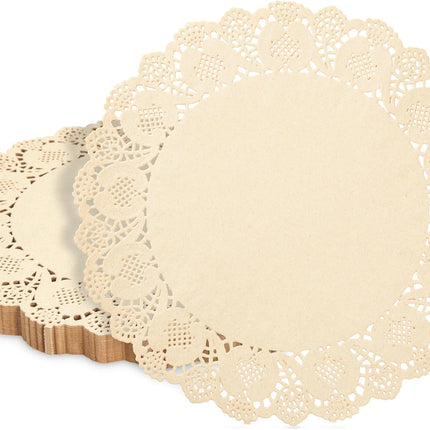 Paper Placemats - 12-Inch Round, Brown, 250 Count - Disposable Placemats & Lace Doilies - Paper Chargers for Dinner Plates - Tea Party Decorations & Wedding Table Decor.