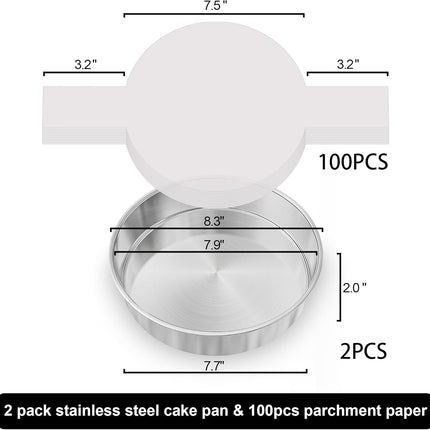 8 Inch Cake Pan Set of 2, Nonstick Stainless Steel Round Layer Cake Baking Pans with 100PCS Parchment Papers, Circle Cake Pan Tins for Birthday Christmas, Non-Toxic & Healthy, Dishwasher Safe.
