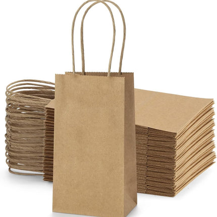 100 Pack 3.5x2.4x6.7 Inches Mini Gift Party Favor Bags Small Brown Gift Bags with Handles Bulk Recyclable Kraft Paper Sacks.
