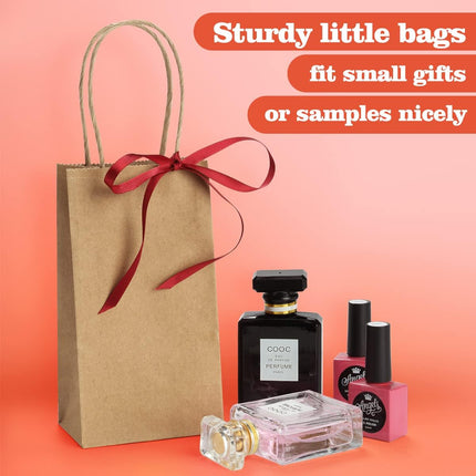 100 Pack 3.5x2.4x6.7 Inches Mini Gift Party Favor Bags Small Brown Gift Bags with Handles Bulk Recyclable Kraft Paper Sacks.