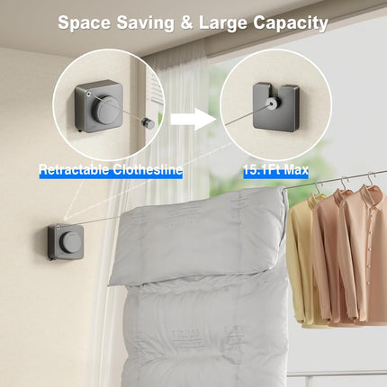 Retractable Clothesline Indoor, Non-Sagging Outdoor Clothes Line Retracting Heavy Duty Clothes Drying Laundry Line Wall Mounted Stainless Steel Line-15.1 Feets(Square-Gray).