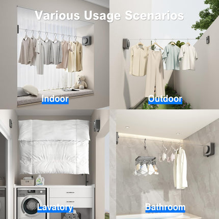 Retractable Clothesline Indoor, Non-Sagging Outdoor Clothes Line Retracting Heavy Duty Clothes Drying Laundry Line Wall Mounted Stainless Steel Line-15.1 Feets(Square-Gray).