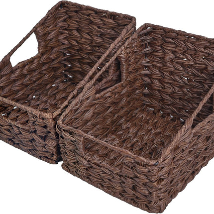 Wicker Storage Baskets, Waterproof Wicker Basket with Handles, Trapezoid Woven Storage Bins for Organizing, Decorative Basket, Brown, 2-Pack.