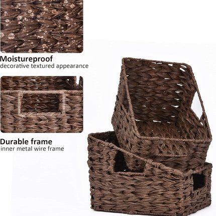 Wicker Storage Baskets, Waterproof Wicker Basket with Handles, Trapezoid Woven Storage Bins for Organizing, Decorative Basket, Brown, 2-Pack.