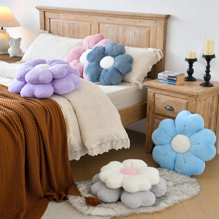Flower Shaped Pillow, Cute Decorative Throw Pillow with Soft Artificial Rabbit Fur for Couch Bed Chair Floor, Flower Pillows Seating Cushions with Room Décor for Bedroom Living Room (14.9" Lavender).