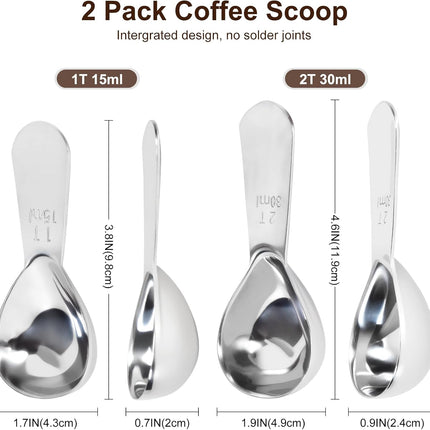 2Pcs Coffee Scoops, Premium 18/8 Stainless Steel Coffee Spoons, Set of 2 Short Handled (1 Tablespoon & 2 Tablespoon) Coffee Measuring Spoon for Ground Coffee, Tea and Powder by.