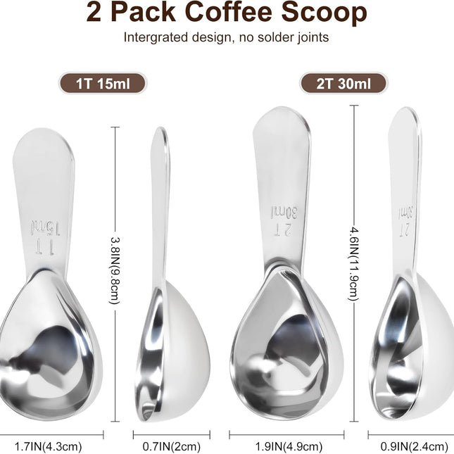 2Pcs Coffee Scoops, Premium 18/8 Stainless Steel Coffee Spoons, Set of 2 Short Handled (1 Tablespoon & 2 Tablespoon) Coffee Measuring Spoon for Ground Coffee, Tea and Powder by.