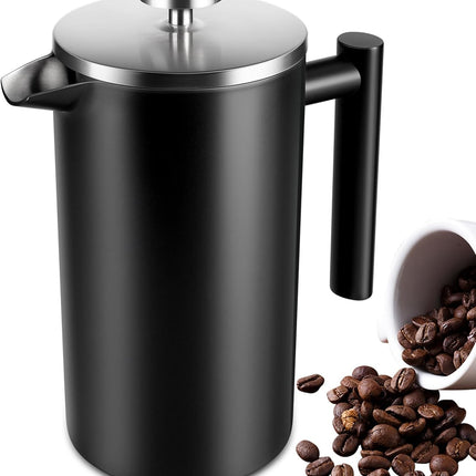 34 OZ Large French Press, Premium Stainless Steel Sturdy Insulated French Press Coffee Maker, 4-8 Cups French Coffee Press, Tea Presses for Home Kitchen Caming Loose Tea, Elegant Black.