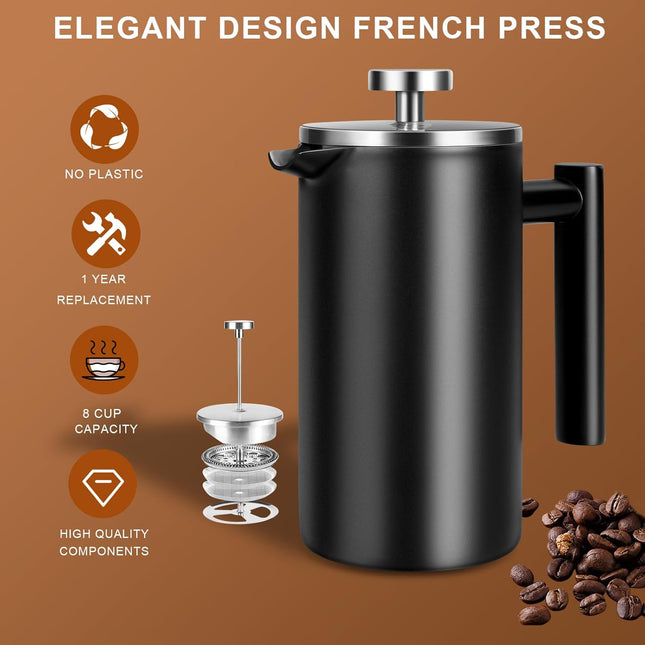 34 OZ Large French Press, Premium Stainless Steel Sturdy Insulated French Press Coffee Maker, 4-8 Cups French Coffee Press, Tea Presses for Home Kitchen Caming Loose Tea, Elegant Black.