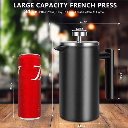 34 OZ Large French Press, Premium Stainless Steel Sturdy Insulated French Press Coffee Maker, 4-8 Cups French Coffee Press, Tea Presses for Home Kitchen Caming Loose Tea, Elegant Black.