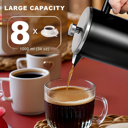 34 OZ Large French Press, Premium Stainless Steel Sturdy Insulated French Press Coffee Maker, 4-8 Cups French Coffee Press, Tea Presses for Home Kitchen Caming Loose Tea, Elegant Black.
