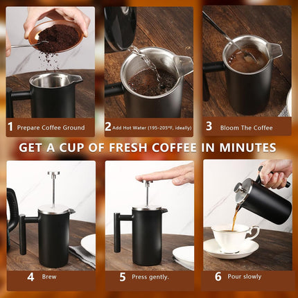 34 OZ Large French Press, Premium Stainless Steel Sturdy Insulated French Press Coffee Maker, 4-8 Cups French Coffee Press, Tea Presses for Home Kitchen Caming Loose Tea, Elegant Black.