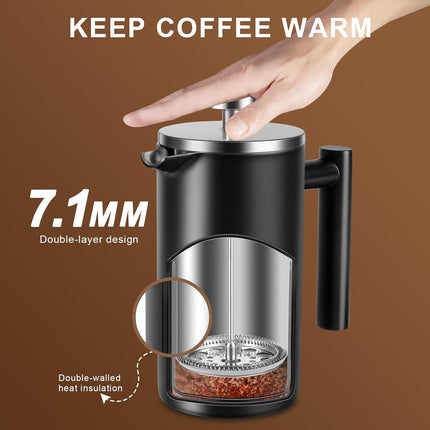 34 OZ Large French Press, Premium Stainless Steel Sturdy Insulated French Press Coffee Maker, 4-8 Cups French Coffee Press, Tea Presses for Home Kitchen Caming Loose Tea, Elegant Black.