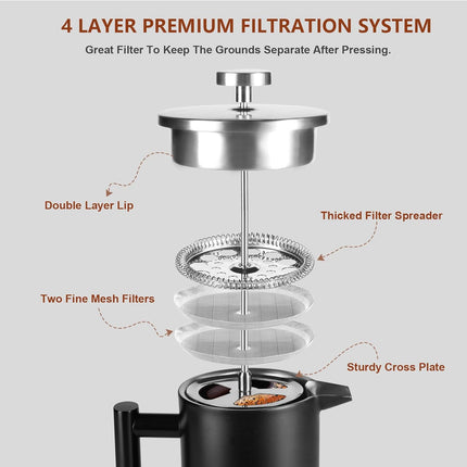 34 OZ Large French Press, Premium Stainless Steel Sturdy Insulated French Press Coffee Maker, 4-8 Cups French Coffee Press, Tea Presses for Home Kitchen Caming Loose Tea, Elegant Black.