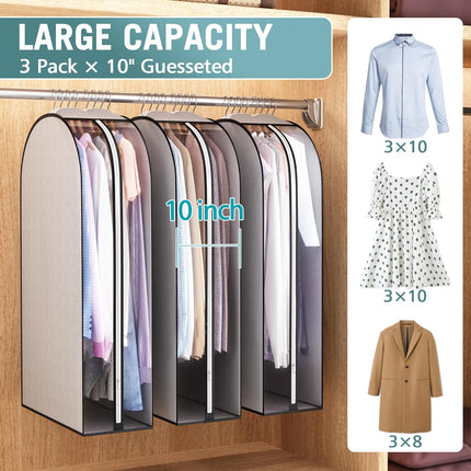 10" Gusseted Garment Bags for Hanging Clothes 40" Suit Bags for Open Closet Storage, Side Clear Clothing Cover for Coat, Dress, Jacket, Shirt, Fur Wardrobe Protector, 3 Packs, Grey.