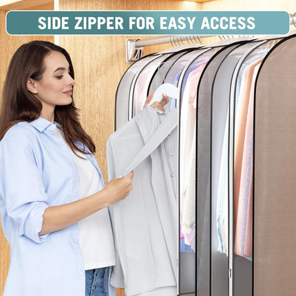 10" Gusseted Garment Bags for Hanging Clothes 40" Suit Bags for Open Closet Storage, Side Clear Clothing Cover for Coat, Dress, Jacket, Shirt, Fur Wardrobe Protector, 3 Packs, Grey.