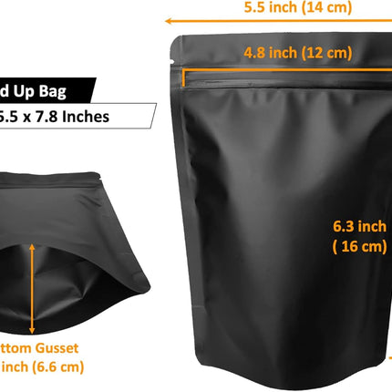 100 Pack Matte Black Mylar Stand Up Bags - 5.5x7.8 Inches Smell Proof Resealable Pouch Bag, Sealable Foil Packaging Zipper Pouches for Food Storage.
