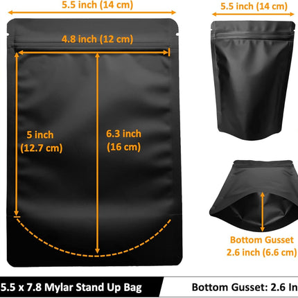100 Pack Matte Black Mylar Stand Up Bags - 5.5x7.8 Inches Smell Proof Resealable Pouch Bag, Sealable Foil Packaging Zipper Pouches for Food Storage.