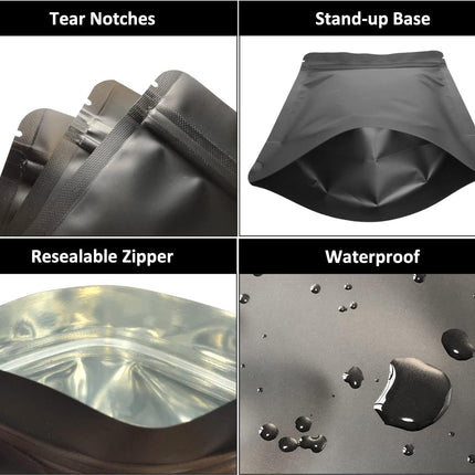 100 Pack Matte Black Mylar Stand Up Bags - 5.5x7.8 Inches Smell Proof Resealable Pouch Bag, Sealable Foil Packaging Zipper Pouches for Food Storage.