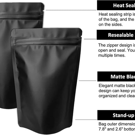 100 Pack Matte Black Mylar Stand Up Bags - 5.5x7.8 Inches Smell Proof Resealable Pouch Bag, Sealable Foil Packaging Zipper Pouches for Food Storage.
