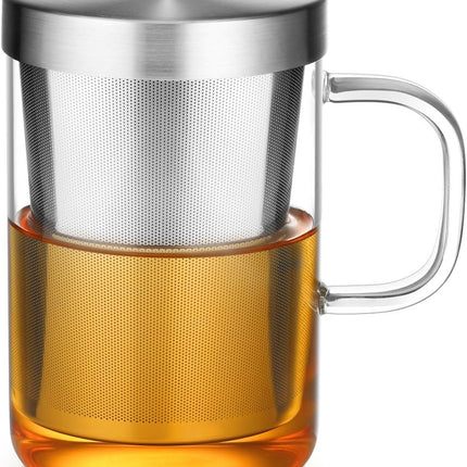 16.9 Oz Borosilicate Glass Tea Mug Cup Tea Glasses with Stainless Steel Infuser & Lid, Loose Leaf Glass Tea Cup Teacup 430mL(Use Capacity).