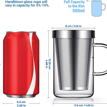 16.9 Oz Borosilicate Glass Tea Mug Cup Tea Glasses with Stainless Steel Infuser & Lid, Loose Leaf Glass Tea Cup Teacup 430mL(Use Capacity).
