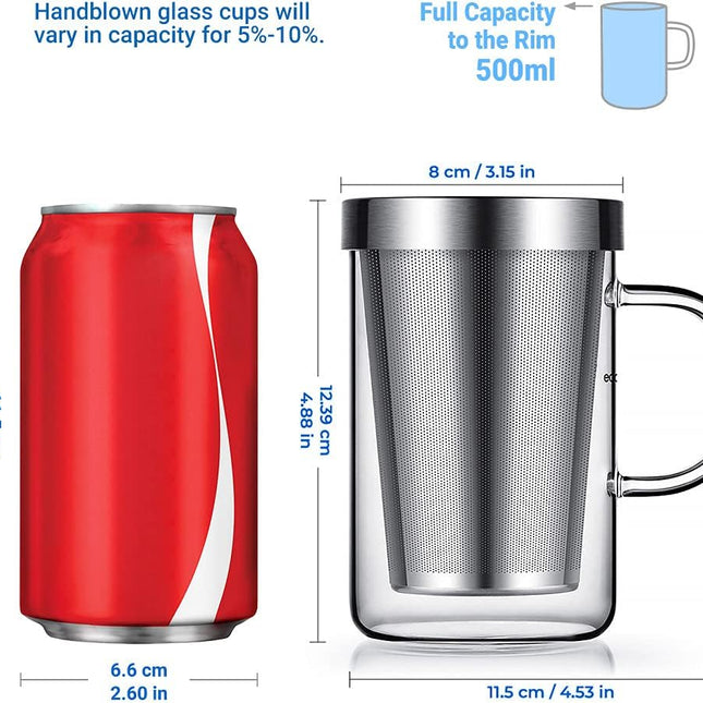 16.9 Oz Borosilicate Glass Tea Mug Cup Tea Glasses with Stainless Steel Infuser & Lid, Loose Leaf Glass Tea Cup Teacup 430mL(Use Capacity).