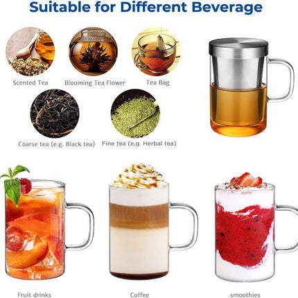 16.9 Oz Borosilicate Glass Tea Mug Cup Tea Glasses with Stainless Steel Infuser & Lid, Loose Leaf Glass Tea Cup Teacup 430mL(Use Capacity).