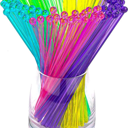 100-PCS 5 Colol Plastic Swizzle Sticks, Crystal Cake Pops, Cocktail Coffee Drink Stirrers, Stir Sticks, 7.24 Inch (Pink, Yellow, Blue, Purple, Green).
