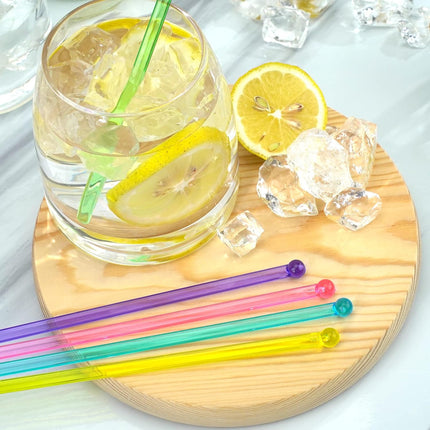 100-PCS 5 Colol Plastic Swizzle Sticks, Crystal Cake Pops, Cocktail Coffee Drink Stirrers, Stir Sticks, 7.24 Inch (Pink, Yellow, Blue, Purple, Green).