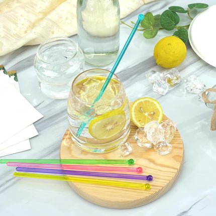 100-PCS 5 Colol Plastic Swizzle Sticks, Crystal Cake Pops, Cocktail Coffee Drink Stirrers, Stir Sticks, 7.24 Inch (Pink, Yellow, Blue, Purple, Green).