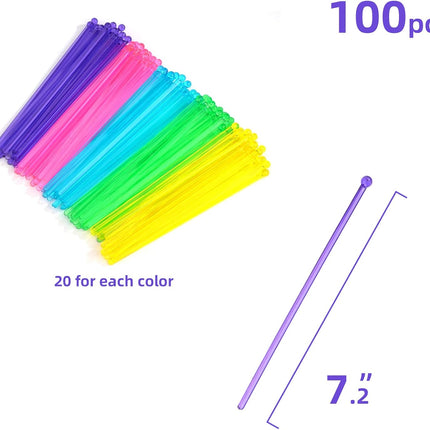 100-PCS 5 Colol Plastic Swizzle Sticks, Crystal Cake Pops, Cocktail Coffee Drink Stirrers, Stir Sticks, 7.24 Inch (Pink, Yellow, Blue, Purple, Green).