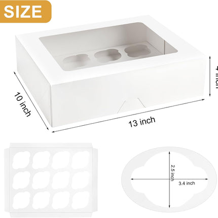 12 Count Cupcake Boxes, 12 Pack White Cupcake Containers with Windows and Inserts, Disposable Cupcake Carriers for Muffins, Treats, Pastries, 13 x 10 x 4 Inches.