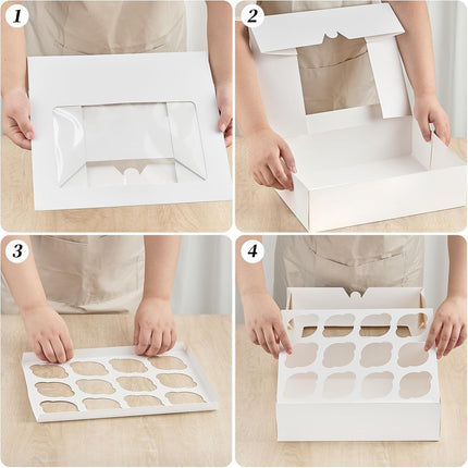 12 Count Cupcake Boxes, 12 Pack White Cupcake Containers with Windows and Inserts, Disposable Cupcake Carriers for Muffins, Treats, Pastries, 13 x 10 x 4 Inches.