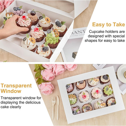 12 Count Cupcake Boxes, 12 Pack White Cupcake Containers with Windows and Inserts, Disposable Cupcake Carriers for Muffins, Treats, Pastries, 13 x 10 x 4 Inches.