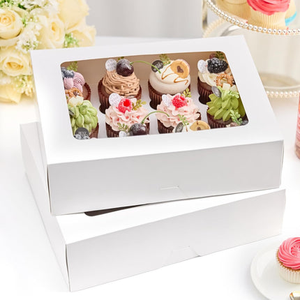 12 Count Cupcake Boxes, 12 Pack White Cupcake Containers with Windows and Inserts, Disposable Cupcake Carriers for Muffins, Treats, Pastries, 13 x 10 x 4 Inches.