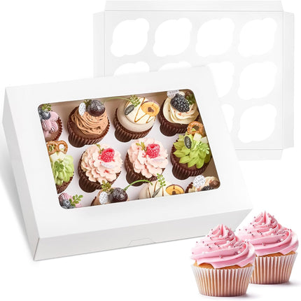 12 Count Cupcake Boxes, 12 Pack White Cupcake Containers with Windows and Inserts, Disposable Cupcake Carriers for Muffins, Treats, Pastries, 13 x 10 x 4 Inches.