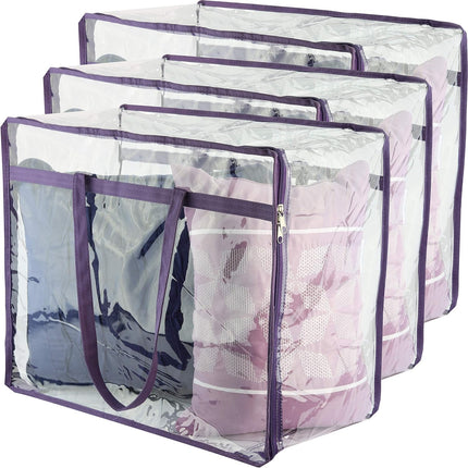 Clear Vinyl Zippered Storage Bags (3-Pack) 40L Sturdy Storage Bags for Sweaters, Blankets, Comforters, Bedding Sets and Much More! (Purple, 18x15x9).