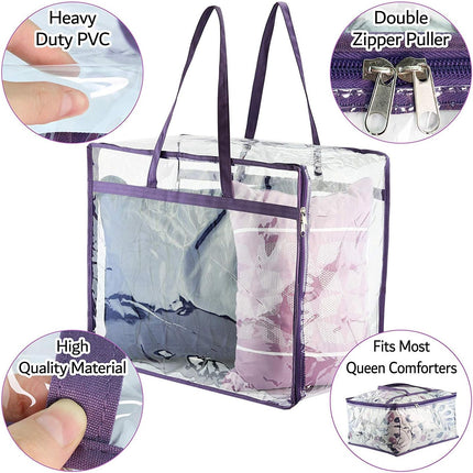 Clear Vinyl Zippered Storage Bags (3-Pack) 40L Sturdy Storage Bags for Sweaters, Blankets, Comforters, Bedding Sets and Much More! (Purple, 18x15x9).