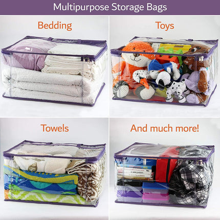 Clear Vinyl Zippered Storage Bags (3-Pack) 40L Sturdy Storage Bags for Sweaters, Blankets, Comforters, Bedding Sets and Much More! (Purple, 18x15x9).