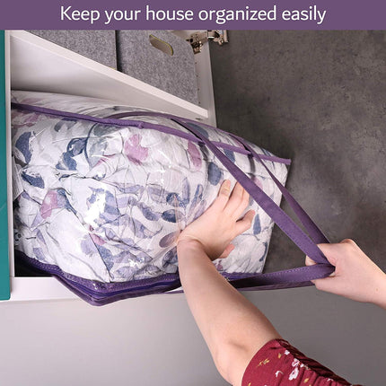 Clear Vinyl Zippered Storage Bags (3-Pack) 40L Sturdy Storage Bags for Sweaters, Blankets, Comforters, Bedding Sets and Much More! (Purple, 18x15x9).