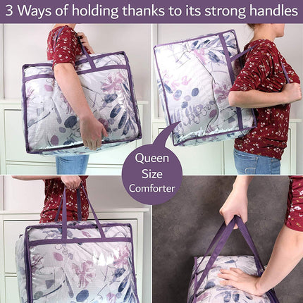 Clear Vinyl Zippered Storage Bags (3-Pack) 40L Sturdy Storage Bags for Sweaters, Blankets, Comforters, Bedding Sets and Much More! (Purple, 18x15x9).