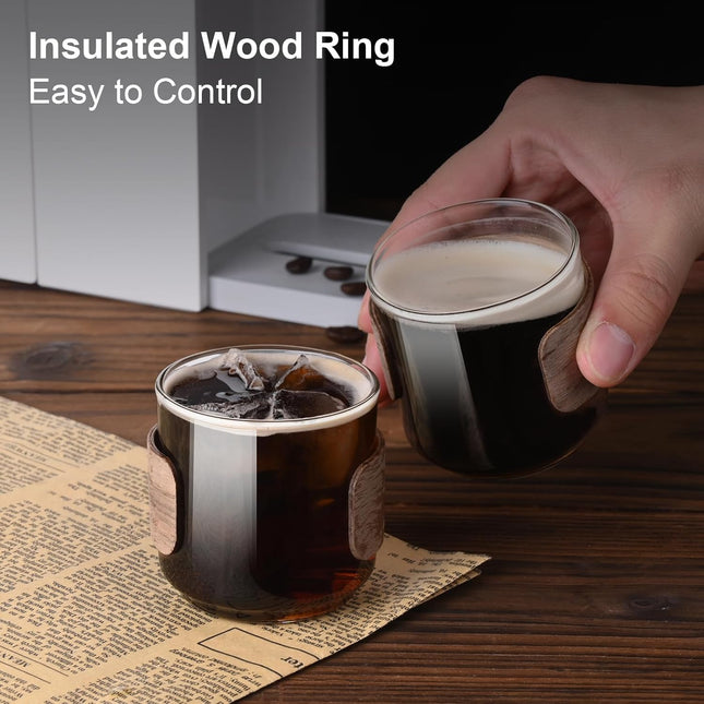 Espresso Cups Set of 2 with Wooden Ring, 5 OZ High Borosilicate Espresso Shot Glass, Clear Small Expresso Shots Cup, Espresso Accessories.