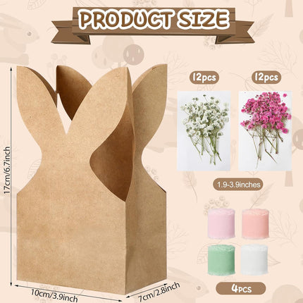24 Set Boho Bow Easter Bunny Party Favor Bags DIY Bunny Gift Boxes with Neutral Bow Ribbon and Dried Flowers Rustic Paper Rabbit Ears Treat Bags Bulk for Easter Spring (Neutral Pastel).