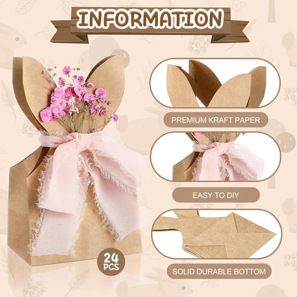 24 Set Boho Bow Easter Bunny Party Favor Bags DIY Bunny Gift Boxes with Neutral Bow Ribbon and Dried Flowers Rustic Paper Rabbit Ears Treat Bags Bulk for Easter Spring (Neutral Pastel).