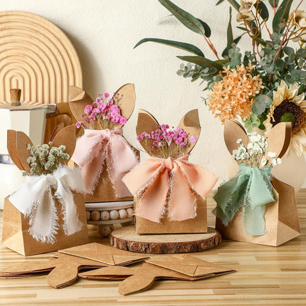 24 Set Boho Bow Easter Bunny Party Favor Bags DIY Bunny Gift Boxes with Neutral Bow Ribbon and Dried Flowers Rustic Paper Rabbit Ears Treat Bags Bulk for Easter Spring (Neutral Pastel).