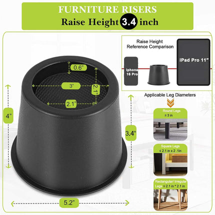 4 Pack Furniture Risers 4 Inch, Bed Risers Heavy Duty for Table Desk Couch Chair Sofa Cabinet Bed Frame Dorm, Round Table Leg Risers Lift Height 3.4", Black.