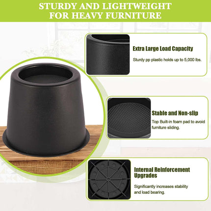 4 Pack Furniture Risers 4 Inch, Bed Risers Heavy Duty for Table Desk Couch Chair Sofa Cabinet Bed Frame Dorm, Round Table Leg Risers Lift Height 3.4", Black.